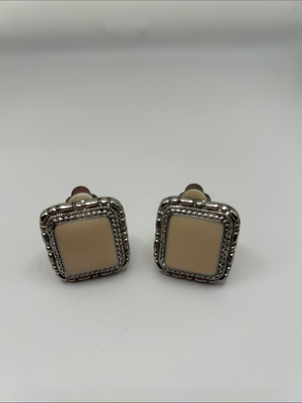 Vintage Classic Beige Square Silver Tone  Stud Earrings - Women's Jewelry